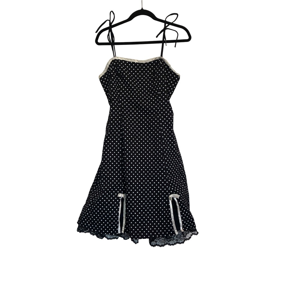 Vintage Pinup Dot Dress Womens Size 13 Black White Bow Details & Lace Crinoline